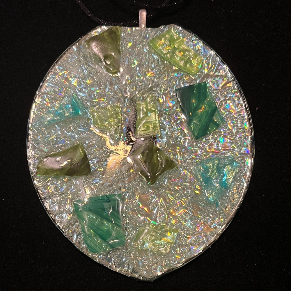 Iridescent Green and Silver Pendant Necklace